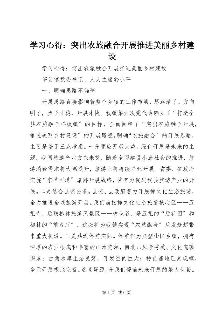 2023年学习心得突出农旅融合发展推进美丽乡村建设.docx_第1页