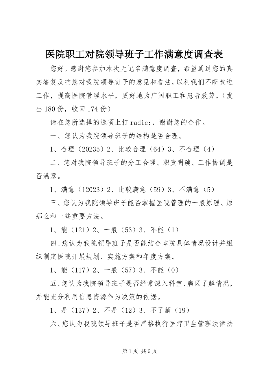 2023年医院职工对院领导班子工作满意度调查表.docx_第1页