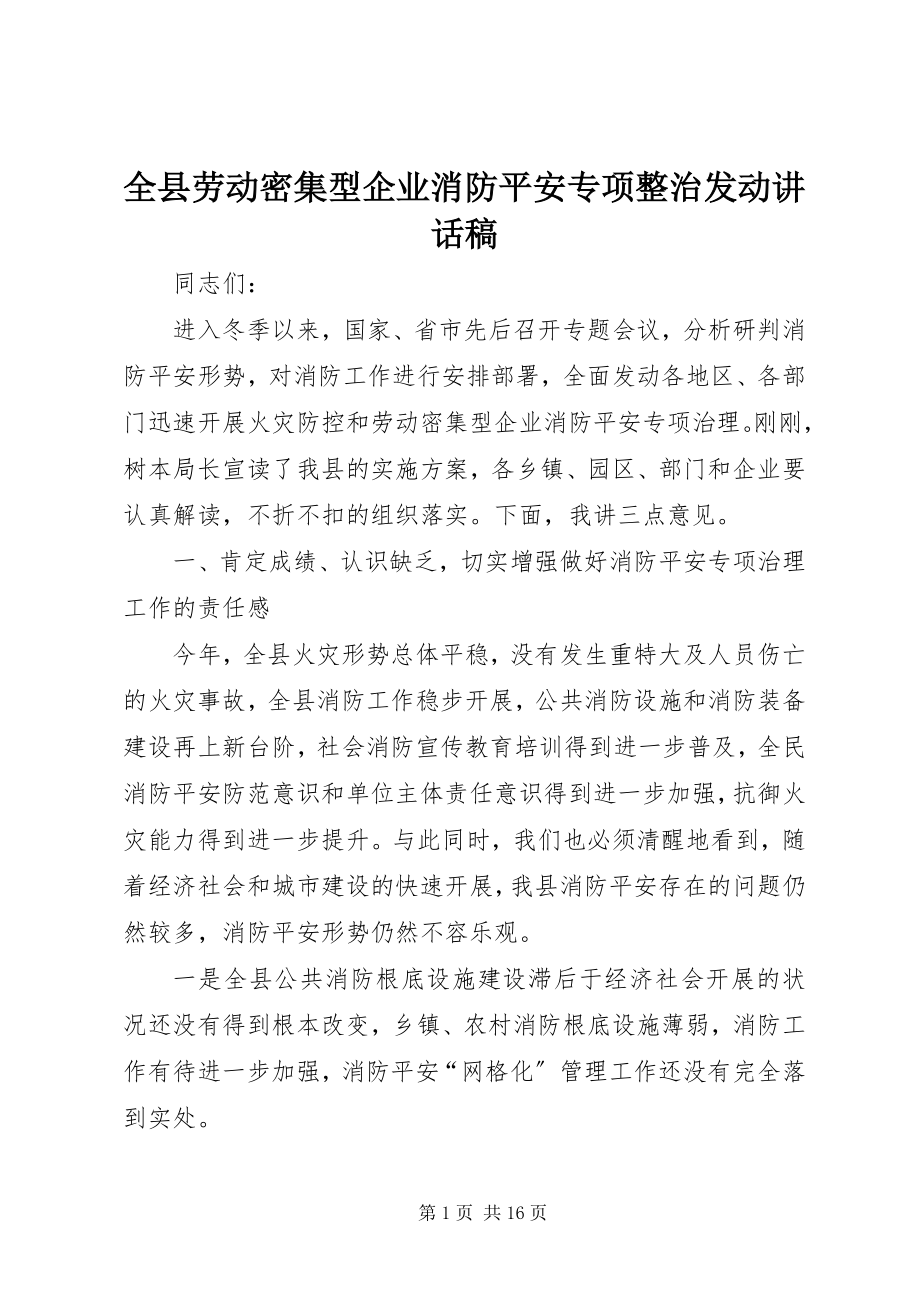 2023年全县劳动密集型企业消防安全专项整治动员致辞稿.docx_第1页