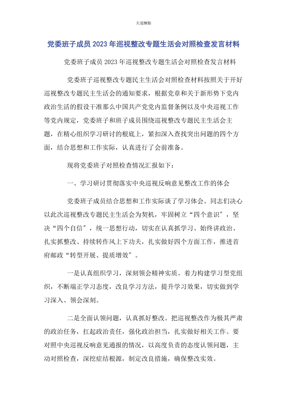 2023年党委班子成员巡视整改专题生活会对照检查发言材料.docx_第1页