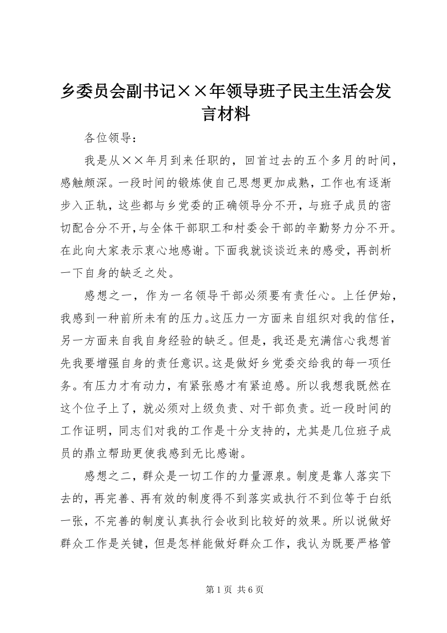 2023年乡委员会副书记领导班子民主生活会讲话材料2.docx_第1页