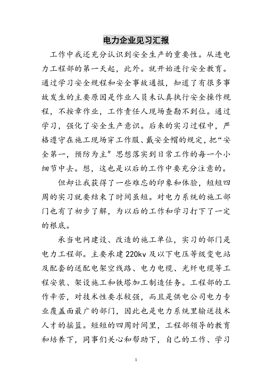 2023年电力企业见习汇报范文.doc_第1页