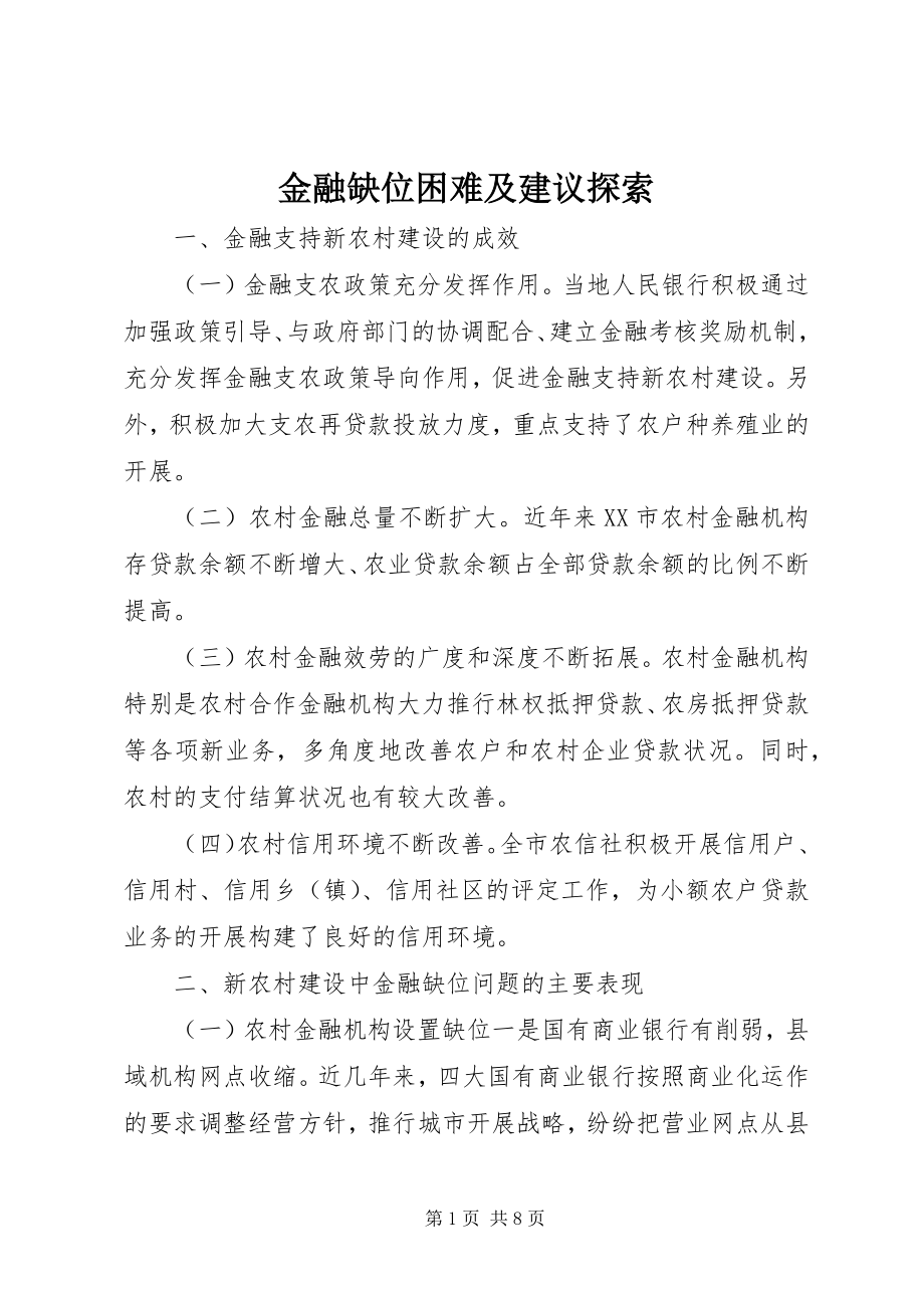 2023年金融缺位困难及建议探索.docx_第1页