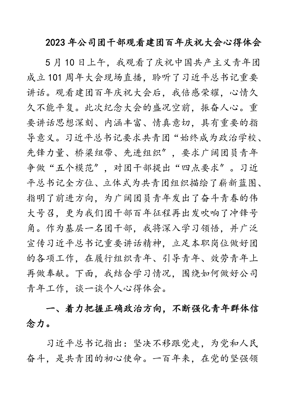 2023年公司团干部观看建团百年庆祝大会心得体会范文.docx_第1页