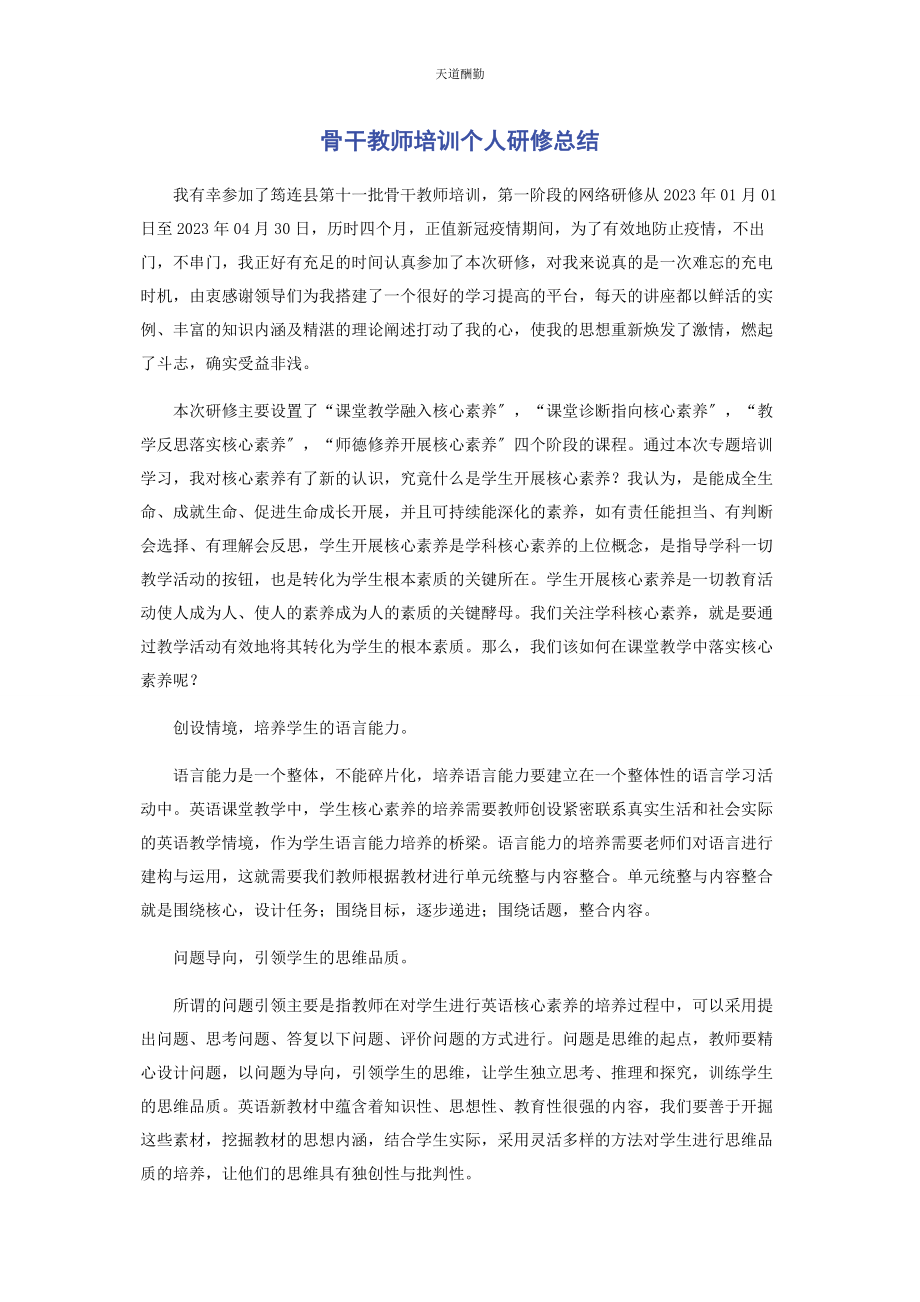 2023年骨干教师培训个人研修总结范文.docx_第1页