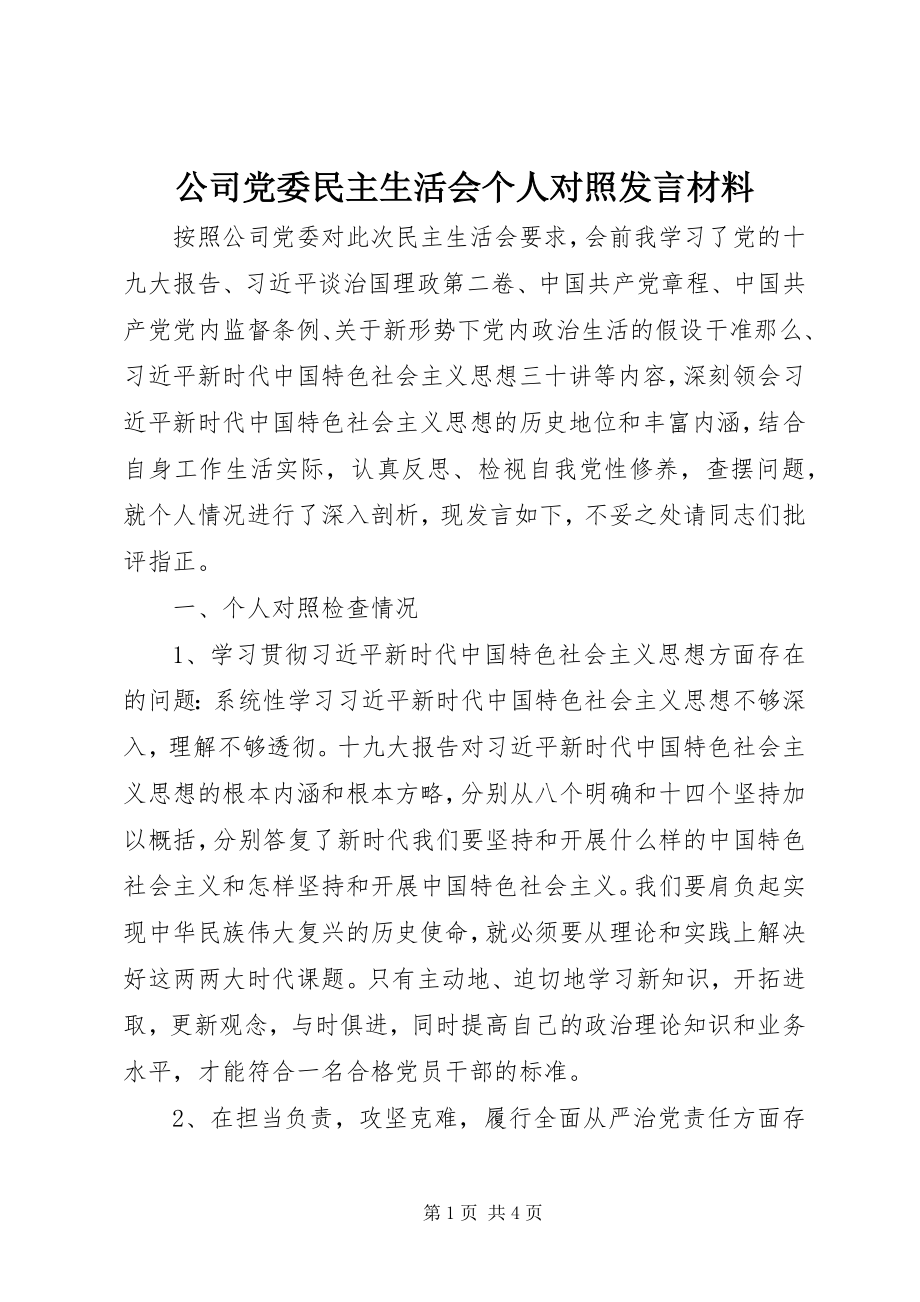 2023年公司党委民主生活会个人对照讲话材料.docx_第1页