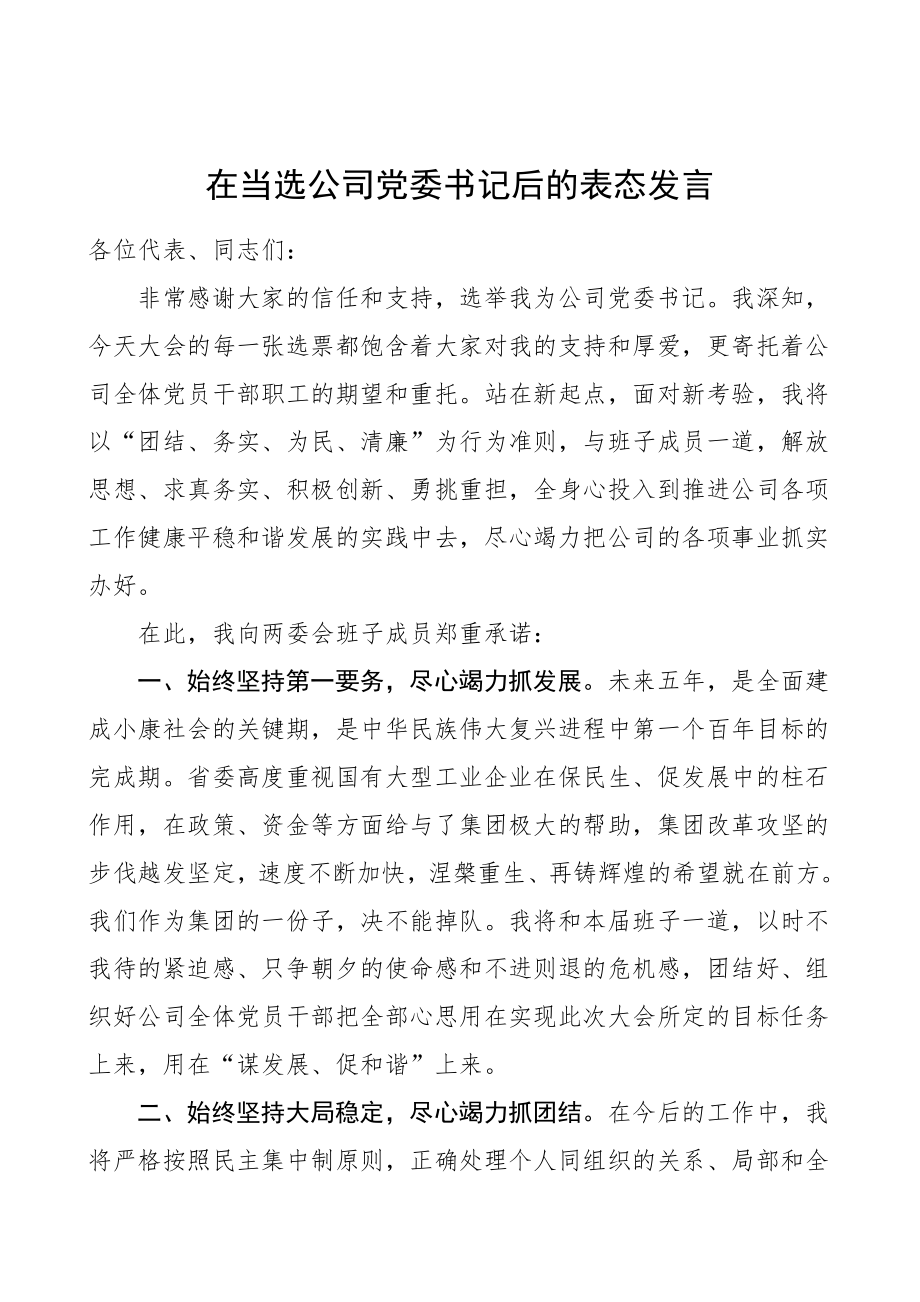 新任书记表态在当选公司党委书记后的表态发言换届新任职集团公司企业党委书记表态发言讲话.doc_第1页