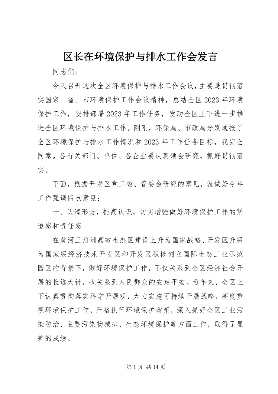 2023年区长在环境保护与排水工作会讲话.docx_第1页