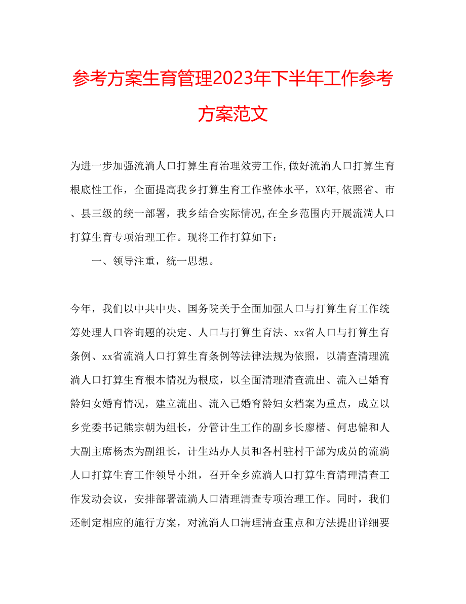 2023年计划生育管理下半工作计划范文.docx_第1页