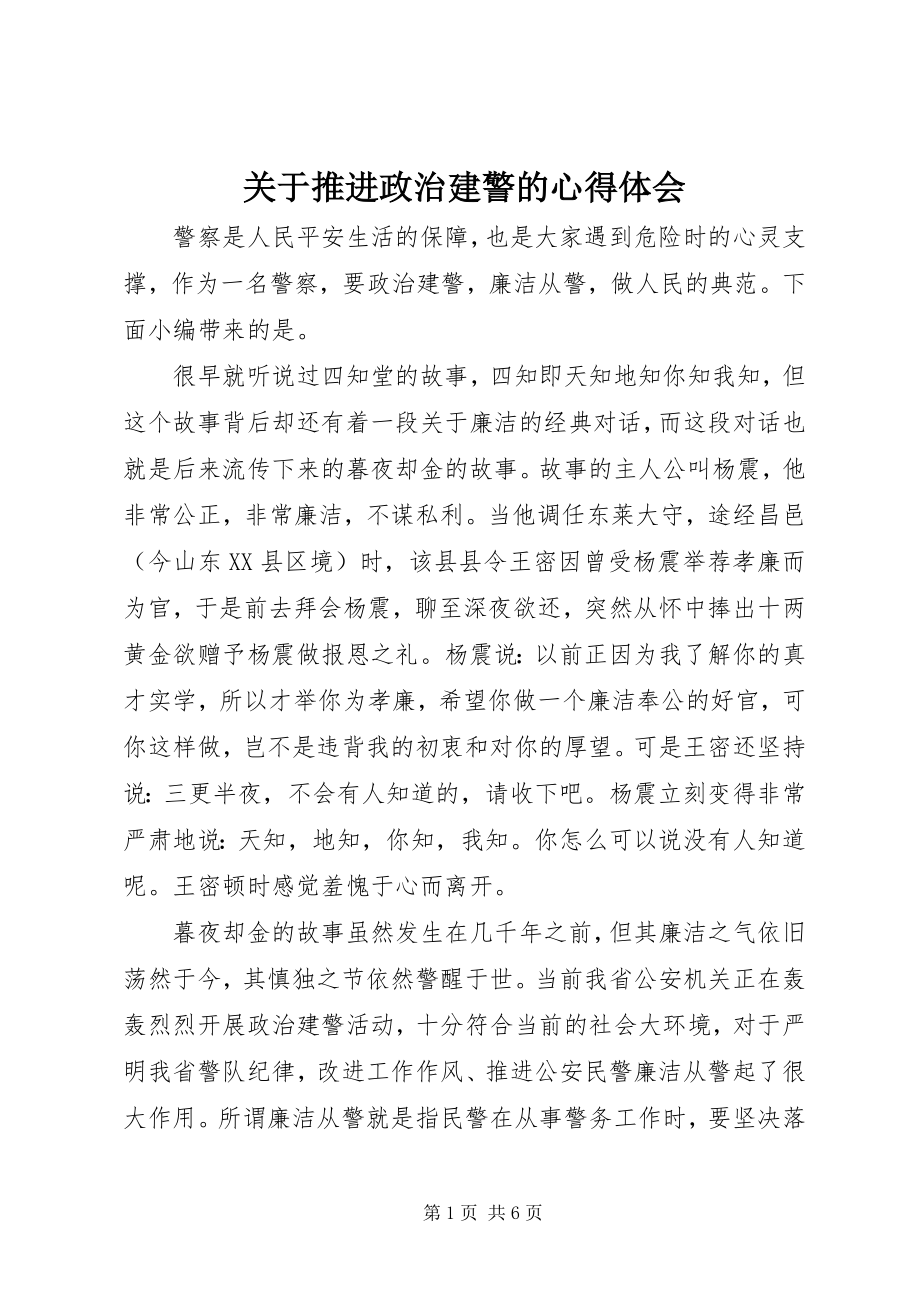 2023年推进政治建警的心得体会.docx_第1页