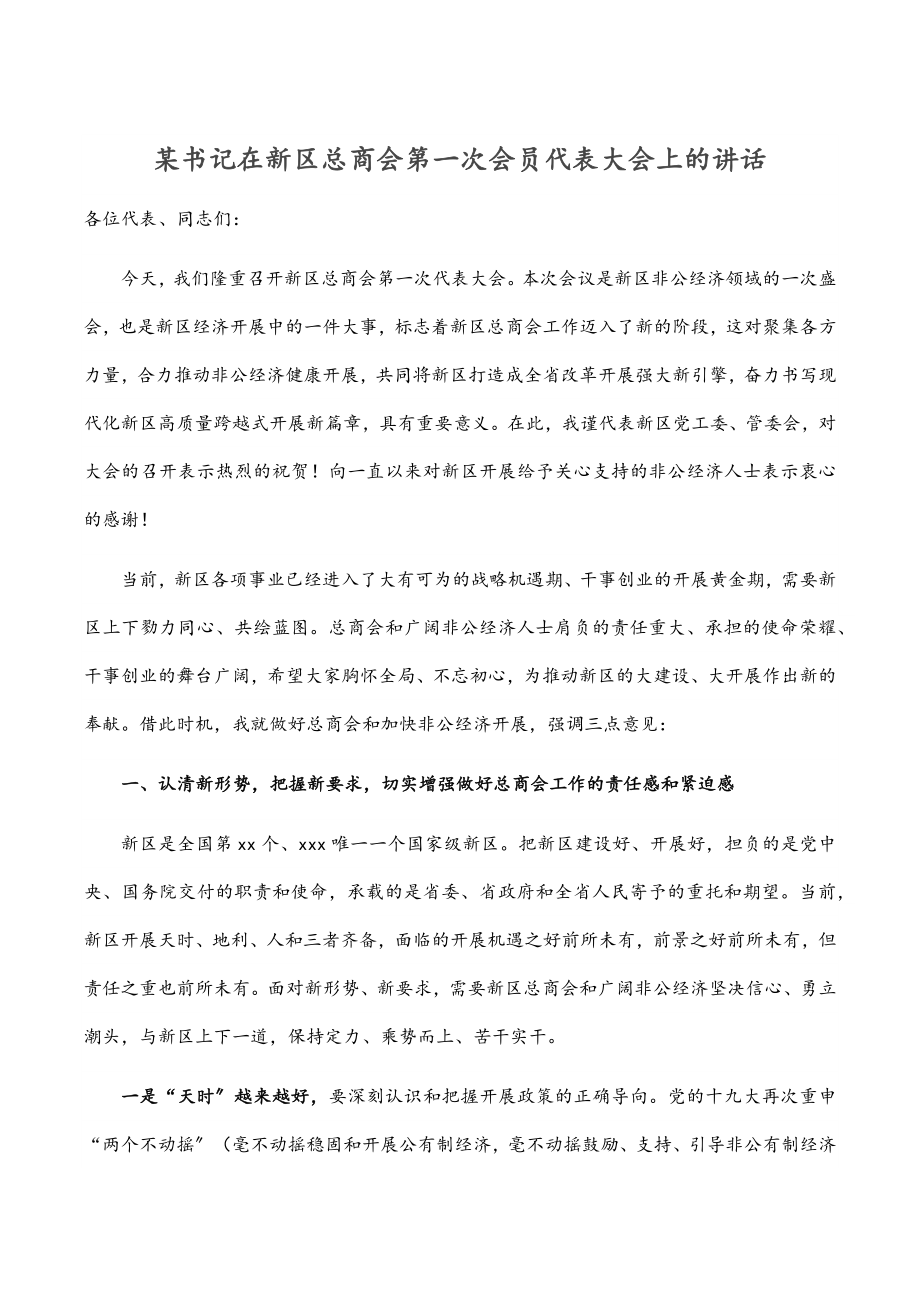 某书记在新区总商会第一次会员代表大会上的讲话.docx_第1页