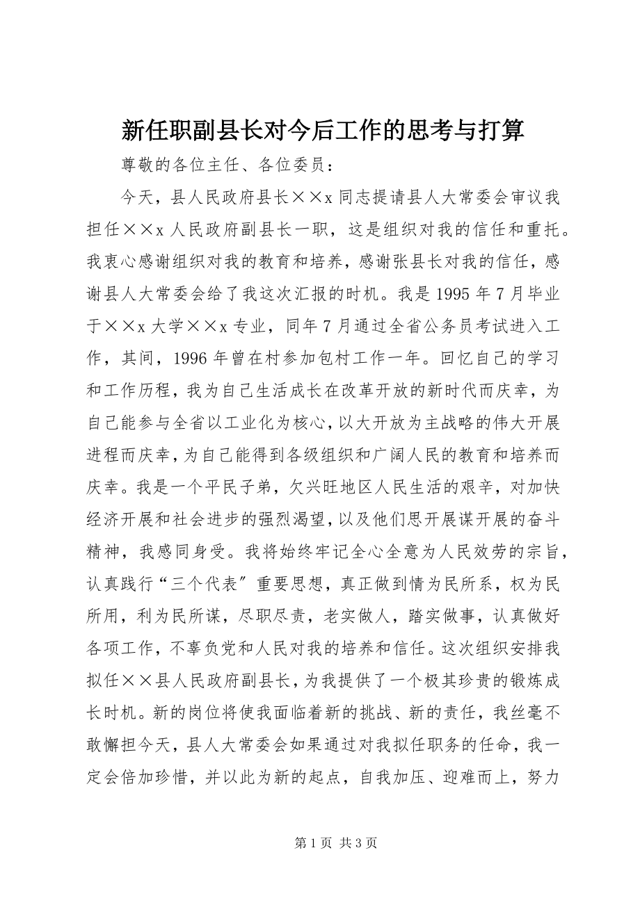 2023年新任职副县长对今后工作的思考与打算.docx_第1页