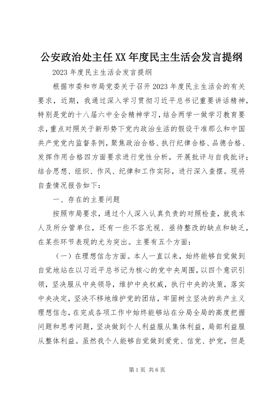 2023年公安政治处主任某年度民主生活会讲话提纲.docx_第1页