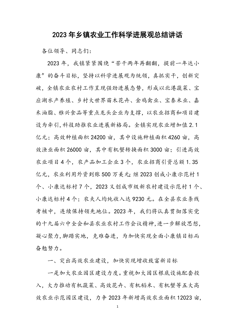 2023年乡镇农业工作科学发展观总结讲话.docx_第1页