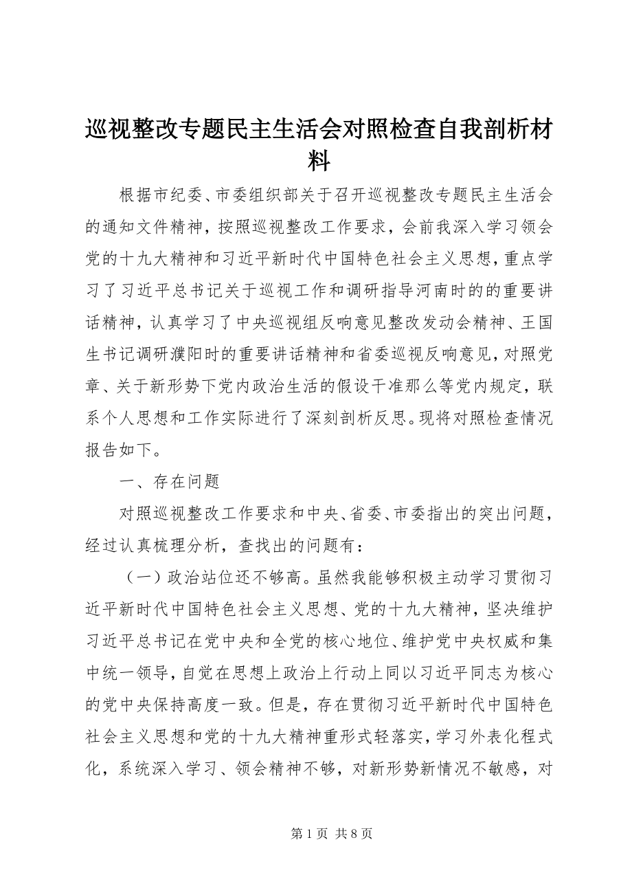 2023年巡视整改专题民主生活会对照检查自我剖析材料.docx_第1页