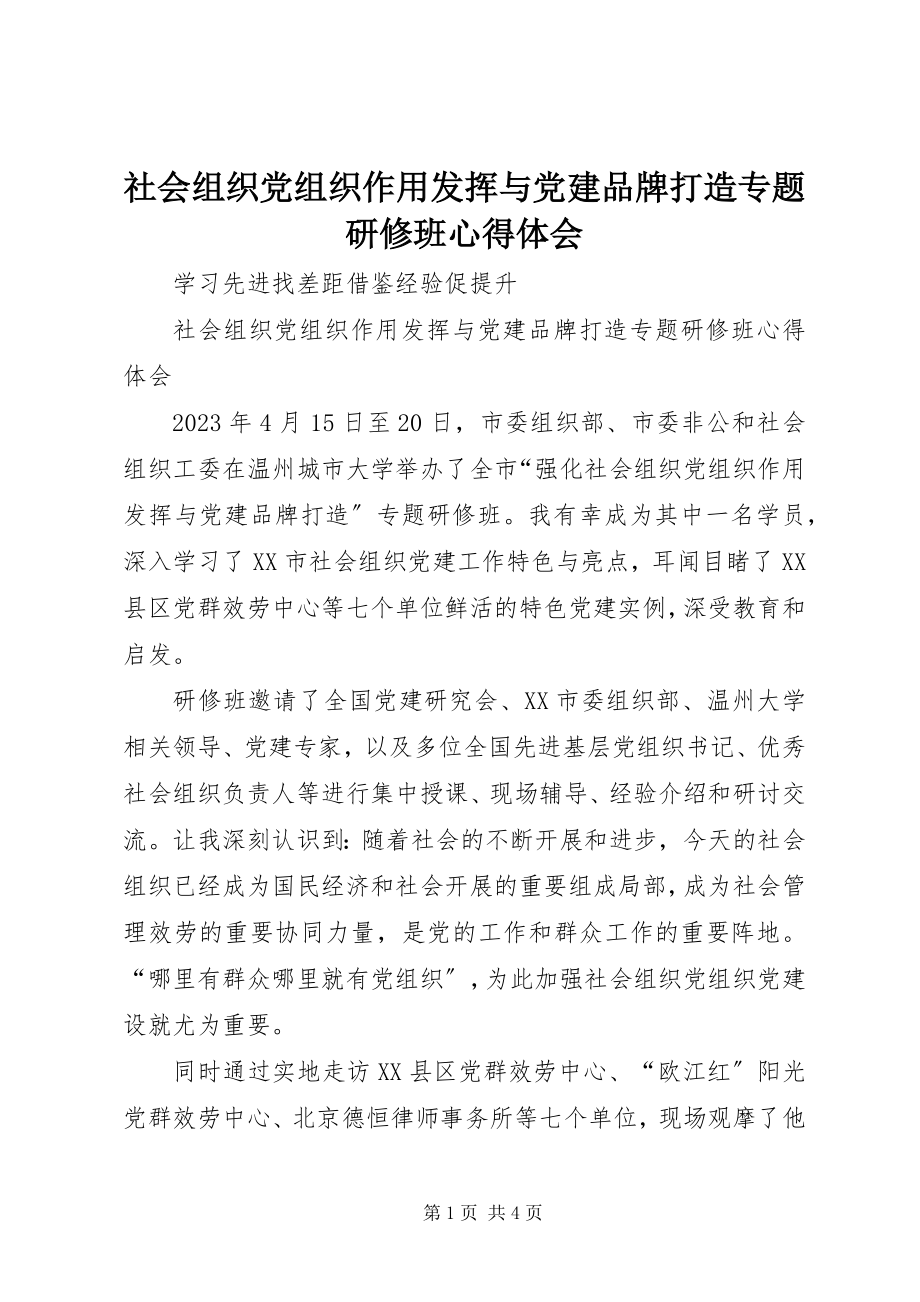 2023年社会组织党组织作用发挥与党建品牌打造专题研修班心得体会.docx_第1页