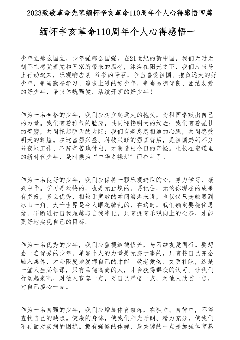 2023致敬革命先辈缅怀辛亥革命110周年个人心得感悟四篇.docx_第1页