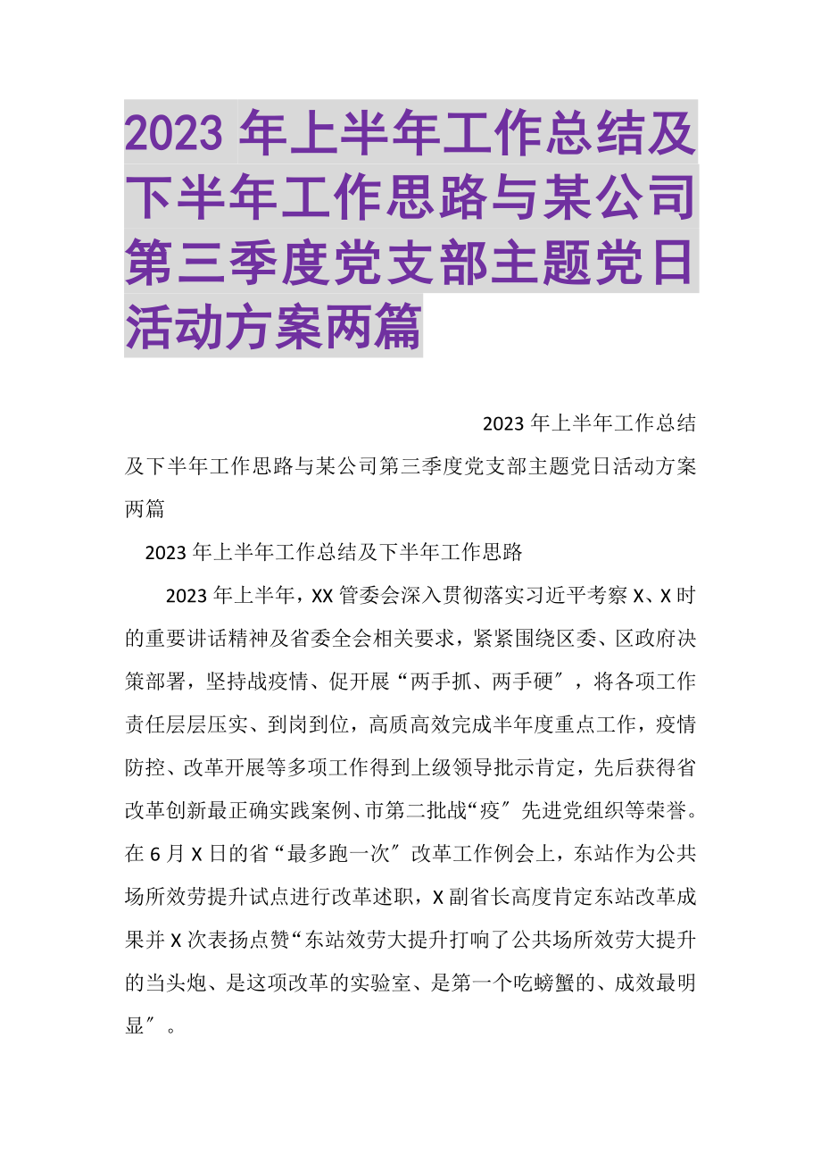 2023年上半年工作总结及下半年工作思路与某公司第三季度党支部主题党日活动方案两篇.doc_第1页