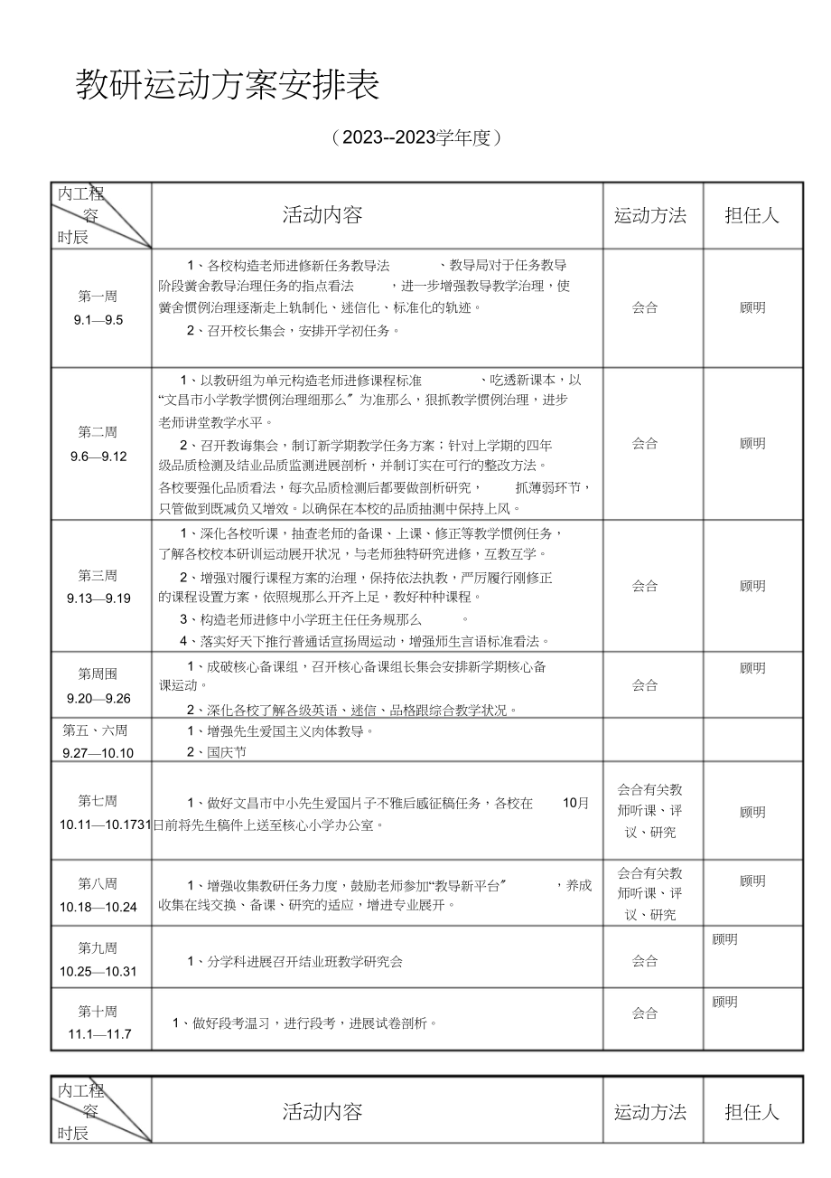 2023年教研活动计划安排表及教研记录完整版.docx_第1页