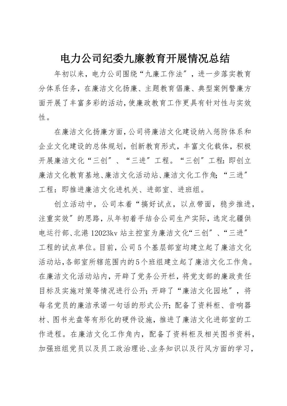 2023年电力公司纪委九廉教育开展情况总结新编.docx_第1页