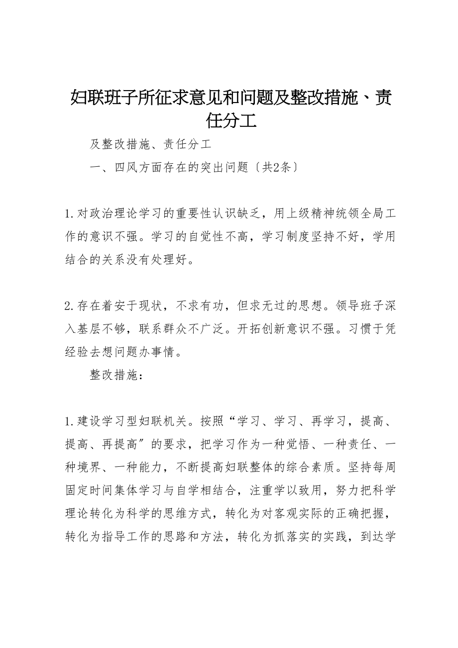 2023年妇联班子所征求意见和问题及整改措施责任分工.doc_第1页