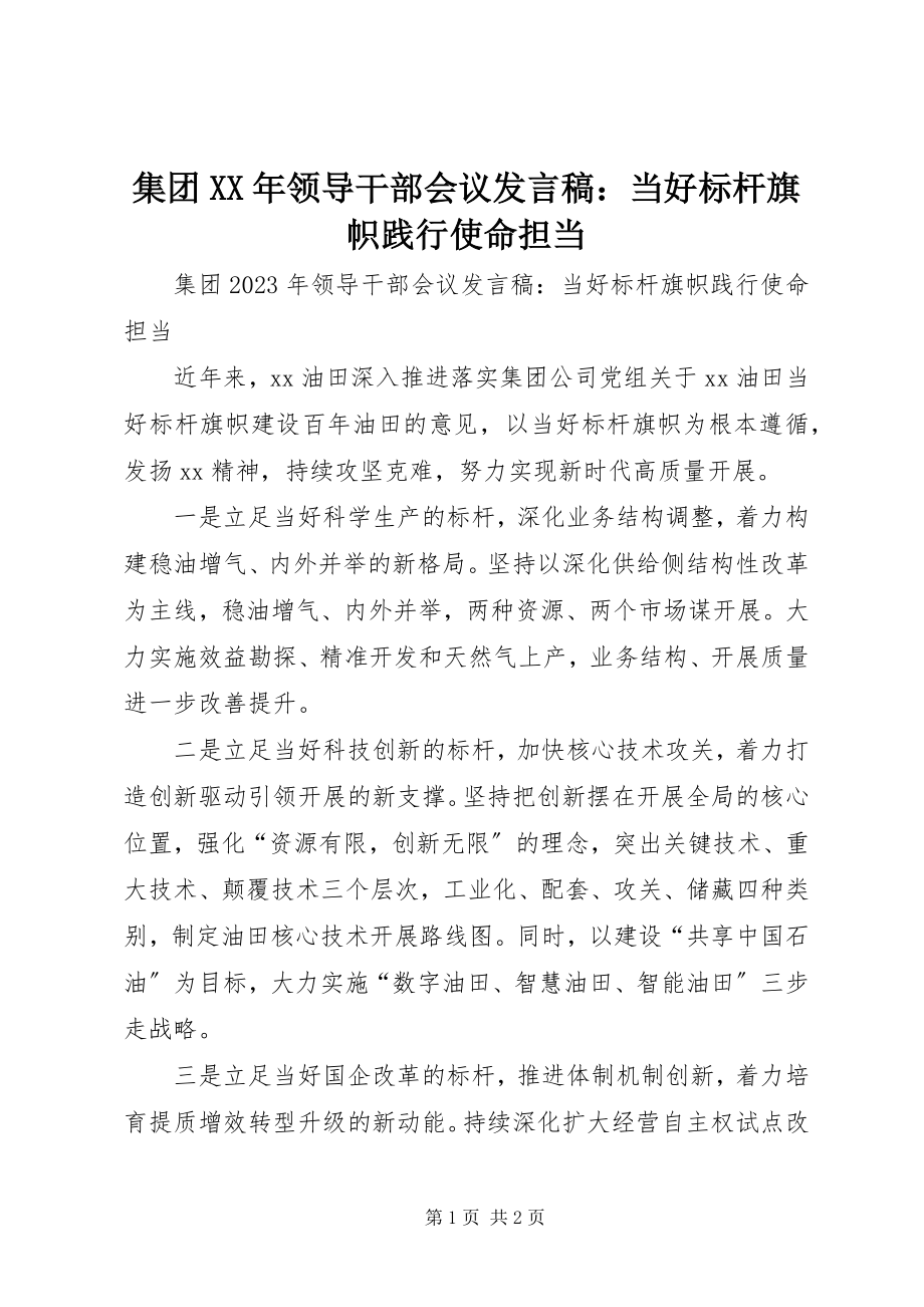 2023年集团领导干部会议讲话稿当好标杆旗帜践行使命担当.docx_第1页