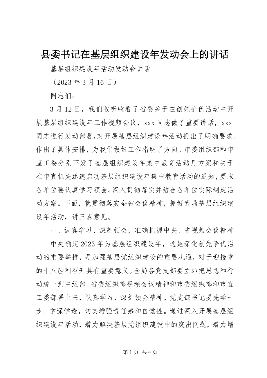 2023年县委书记在基层组织建设年动员会上的致辞.docx_第1页