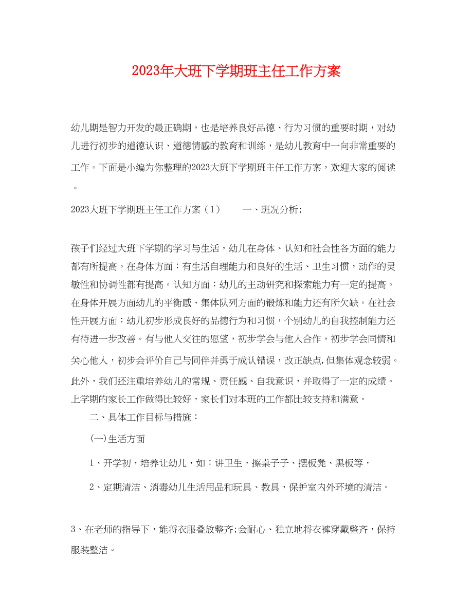 2023年大班下学期班主任工作计划.docx_第1页