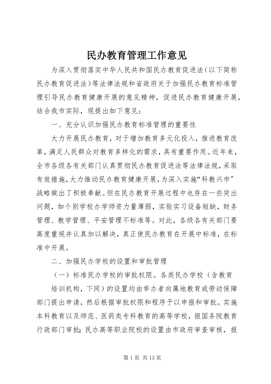 2023年民办教育管理工作意见.docx_第1页