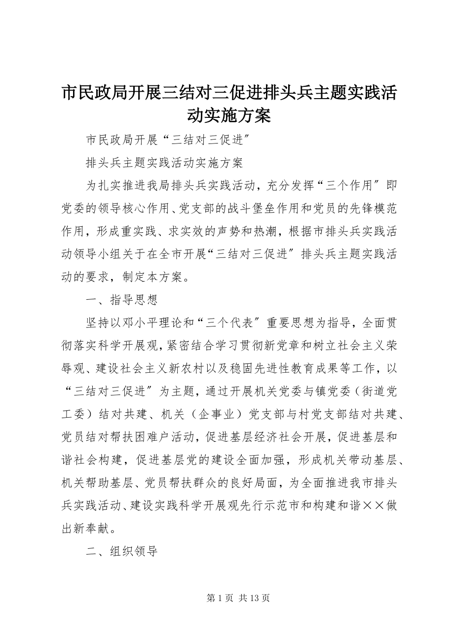 2023年市民政局开展三结对三促进排头兵主题实践活动实施方案.docx_第1页