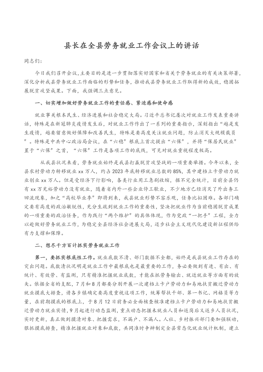 2023年县长在全县劳务就业工作会议上的讲话.doc_第1页