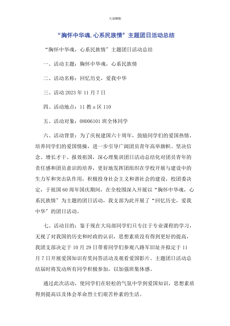 2023年“胸怀中华魂心系民族情”主题团日活动总结.docx_第1页