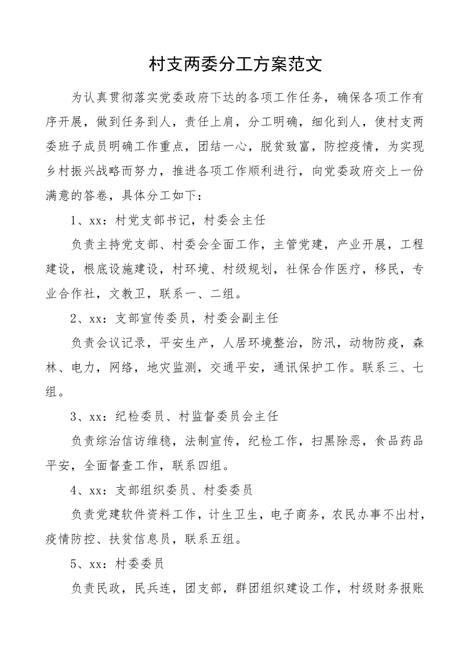 2023年村支两委分工方案村两委班子成员村干部职责分工工作制度.doc_第1页