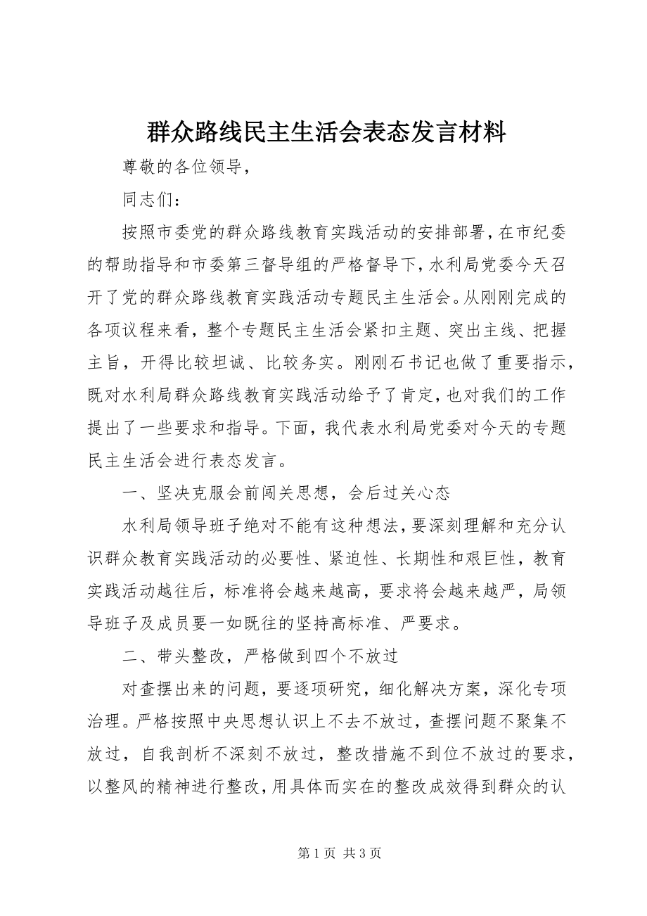 2023年群众路线民主生活会表态讲话材料.docx_第1页