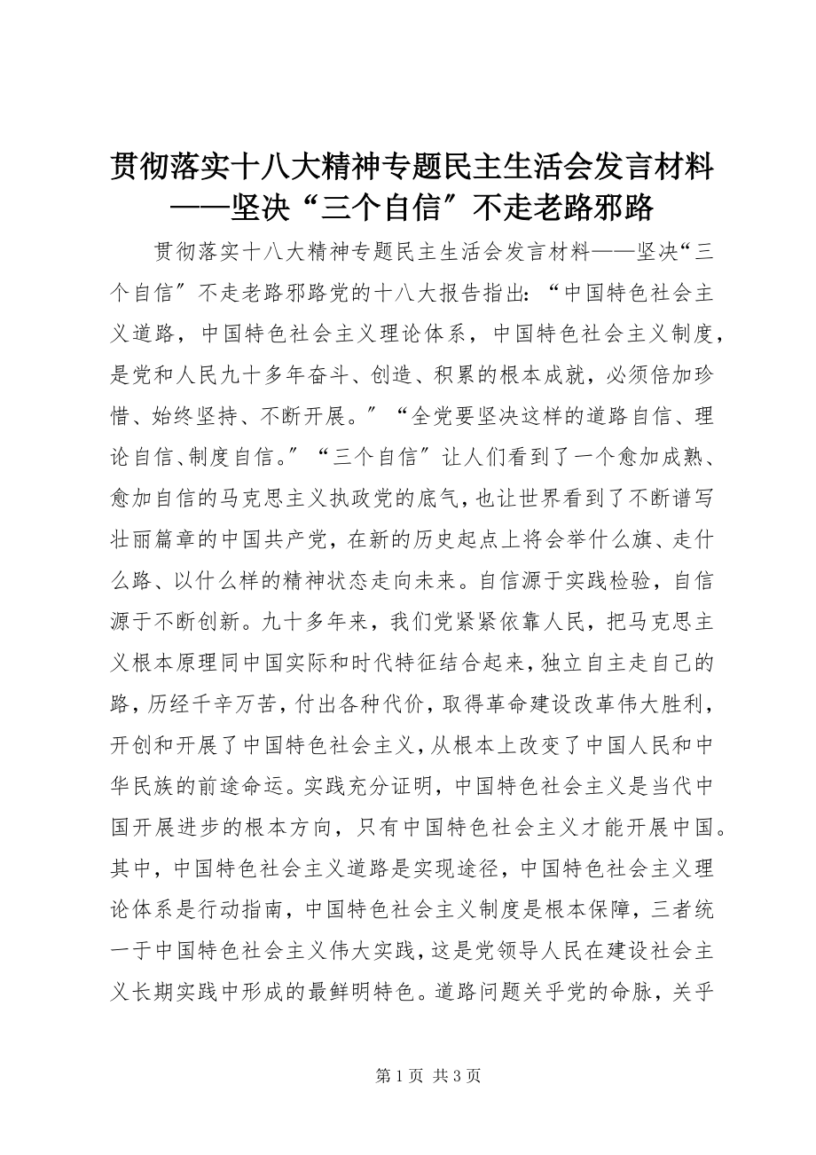 2023年贯彻落实十八大精神专题民主生活会讲话材料坚定“三个自信”不走老路邪路.docx_第1页