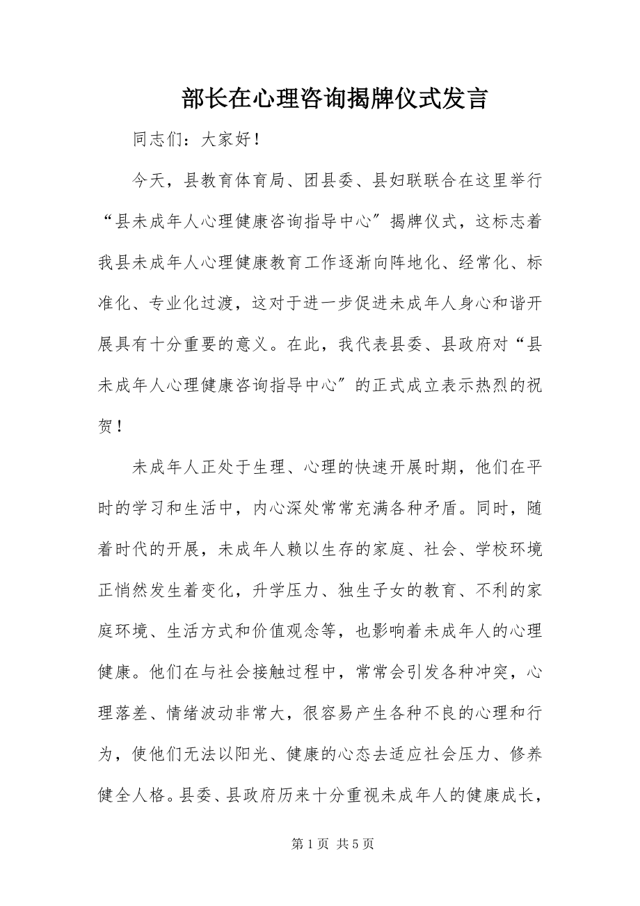 2023年部长在心理咨询揭牌仪式讲话.docx_第1页