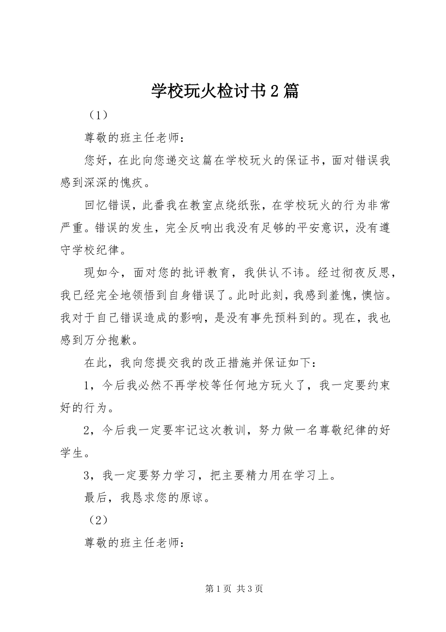 2023年学校玩火检讨书2篇.docx_第1页