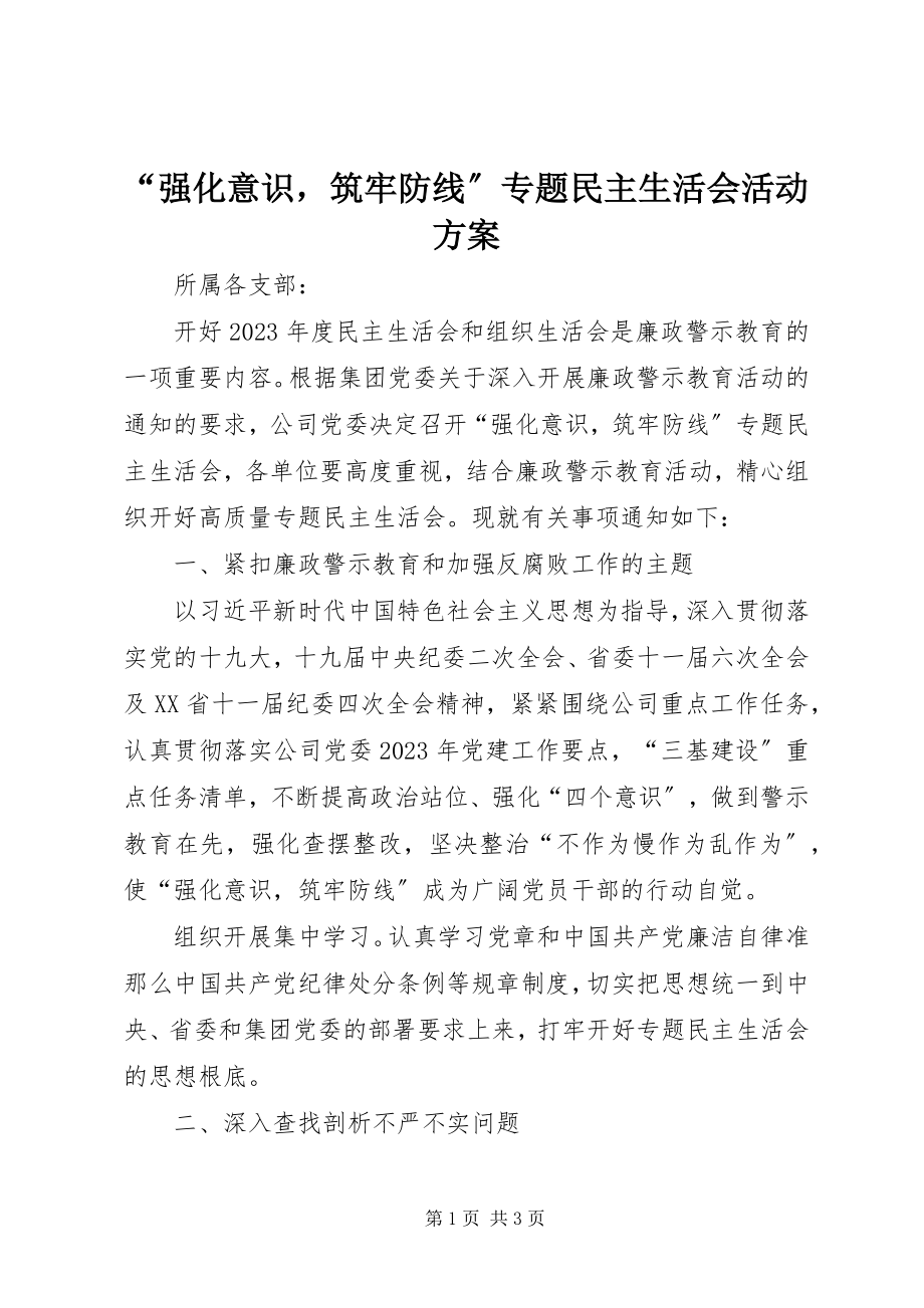 2023年强化意识筑牢防线专题民主生活会活动方案.docx_第1页