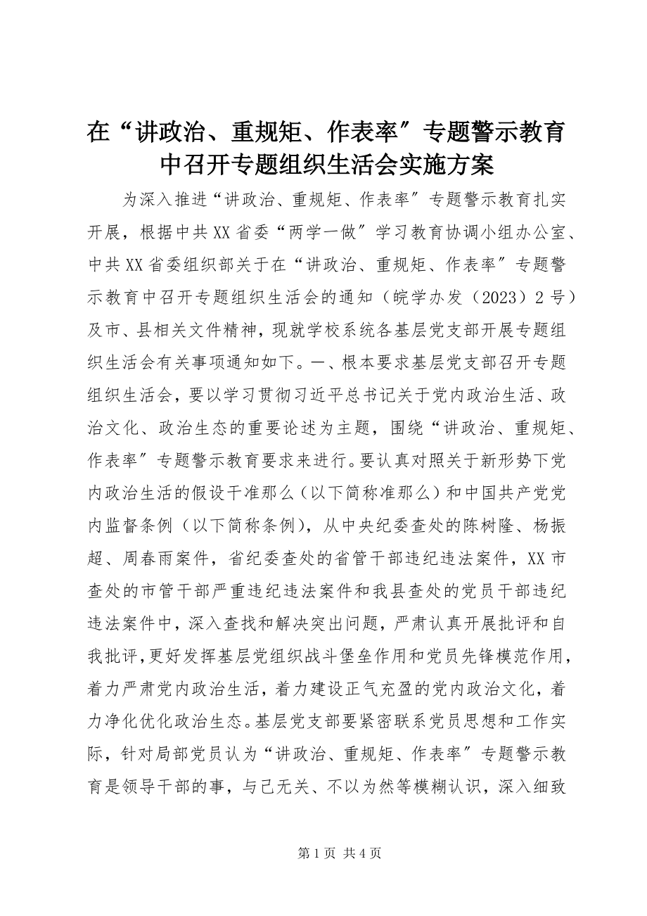 2023年在“讲政治重规矩作表率”专题警示教育中召开专题组织生活会实施方案.docx_第1页