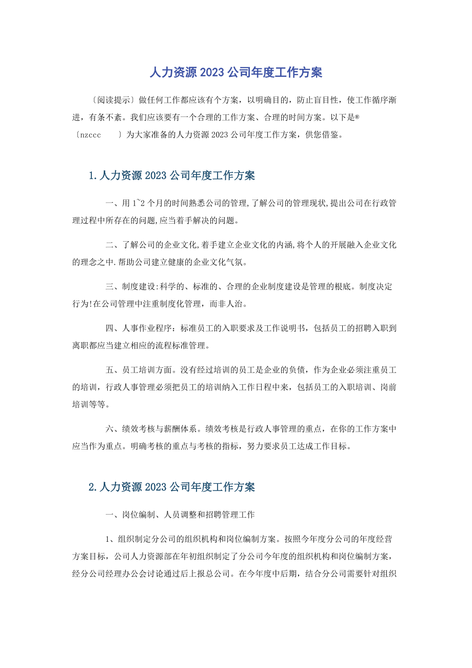 2023年人力资源公司年度工作计划2.docx_第1页