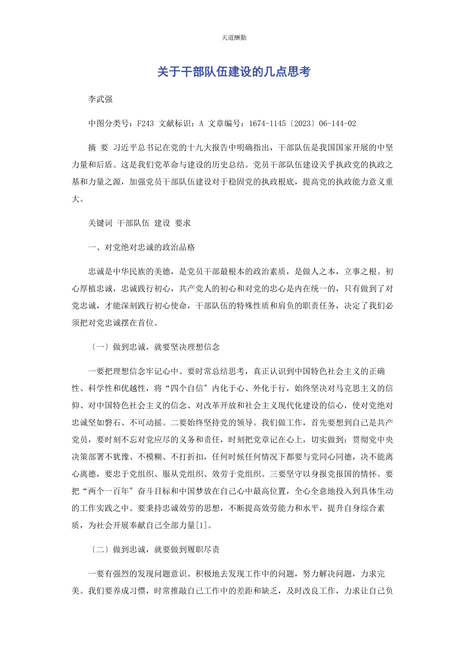 2023年干部队伍建设的几点思考范文.docx_第1页