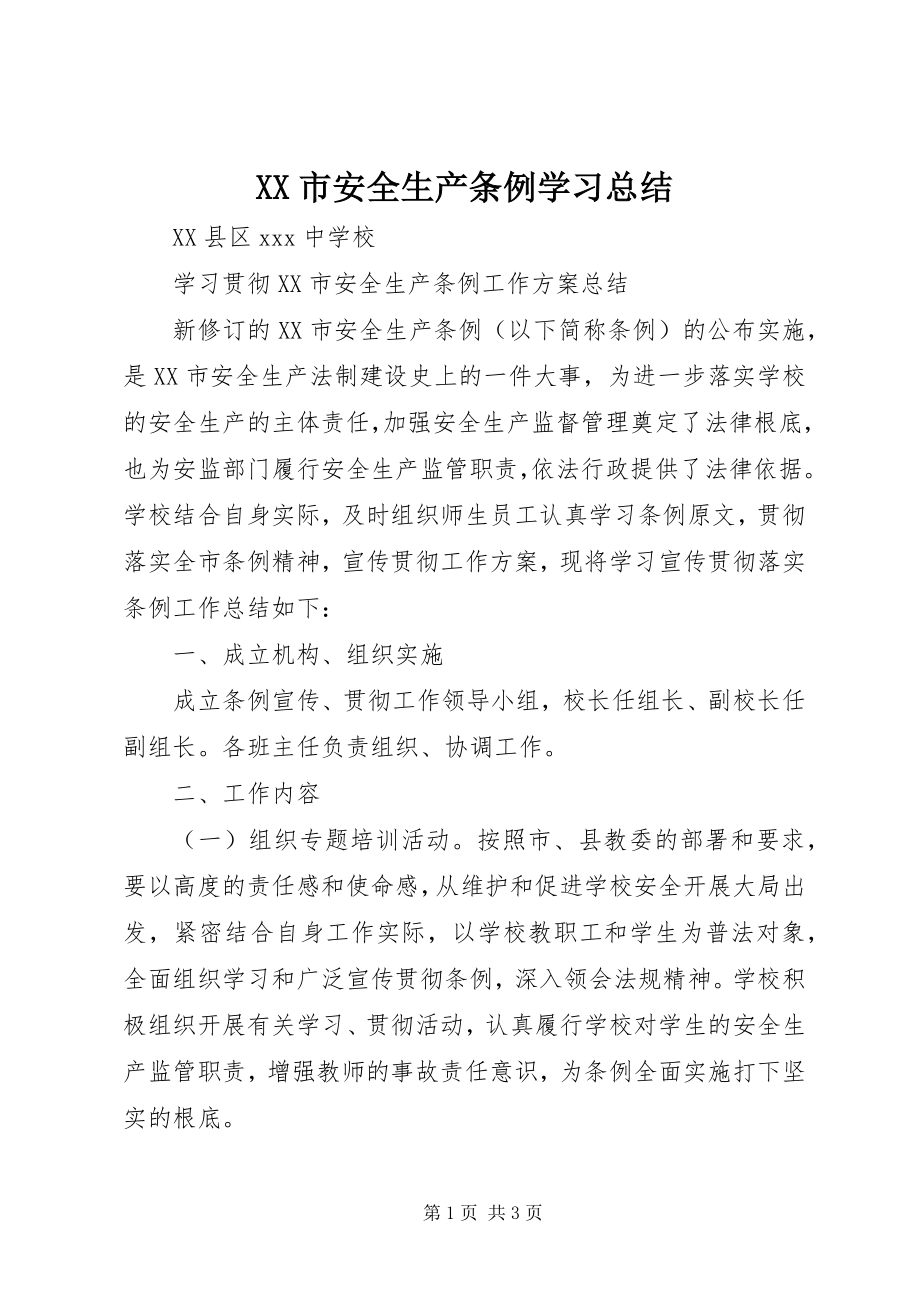 2023年《XX市安全生产条例》学习总结.docx_第1页