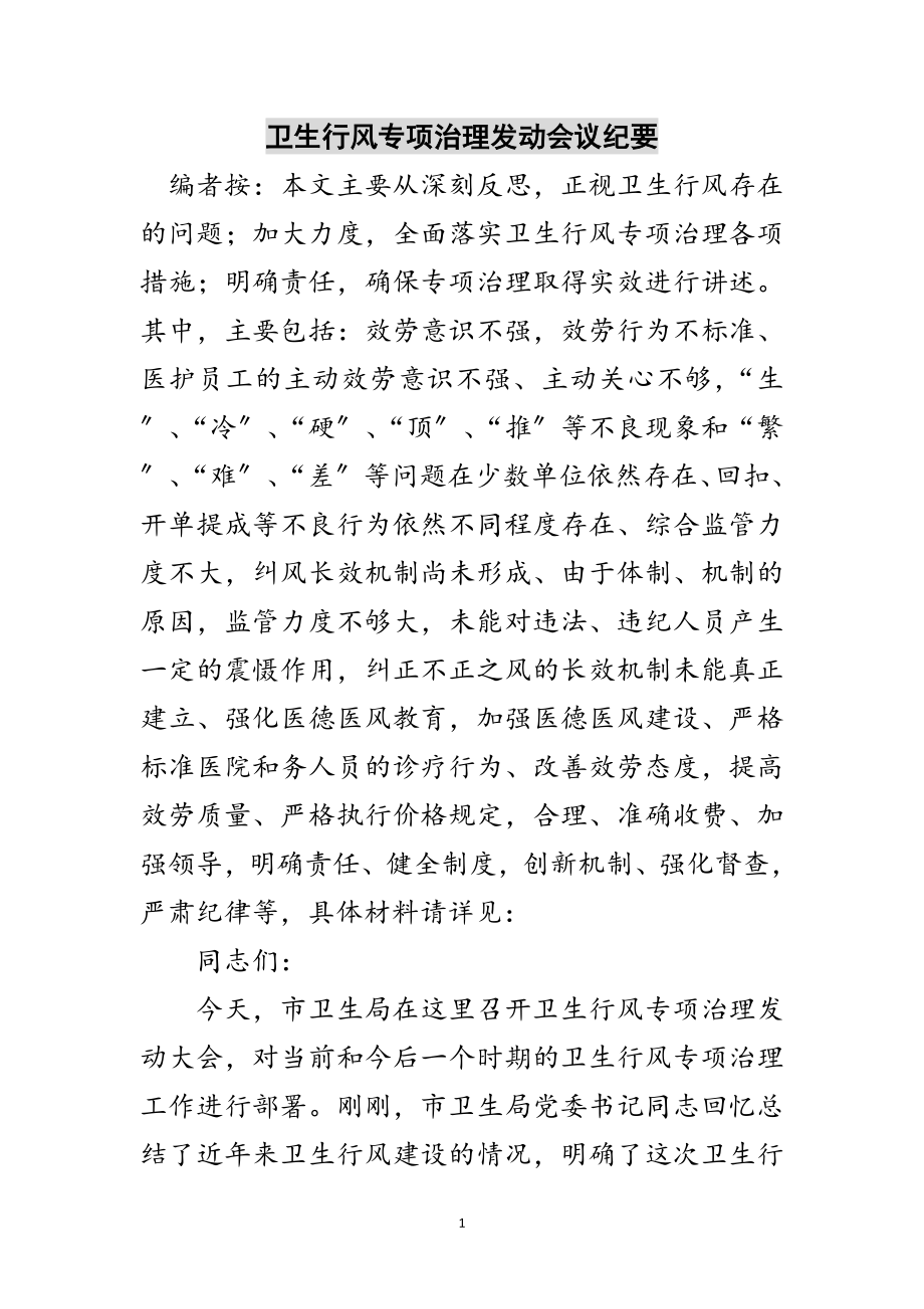 2023年卫生行风专项治理动员会议纪要范文.doc_第1页