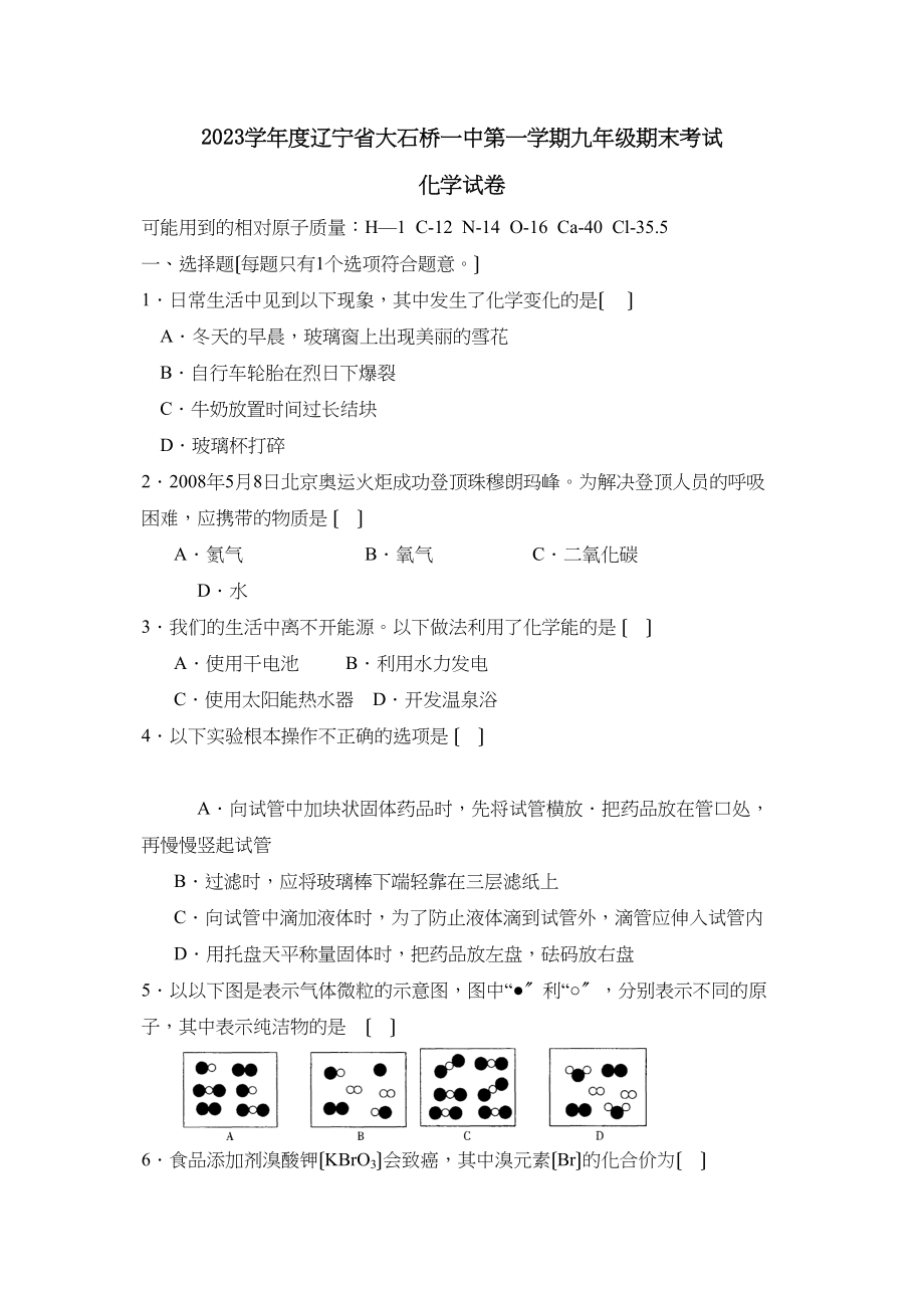 2023年度辽宁省大石桥第一学期九年级期末考试初中化学.docx_第1页