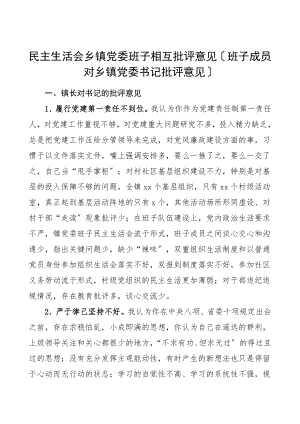 2023年批评意见民主生活会乡镇党委领导班子相互批评意见班子成员对乡镇党委书记批评意见问题清单参考.doc