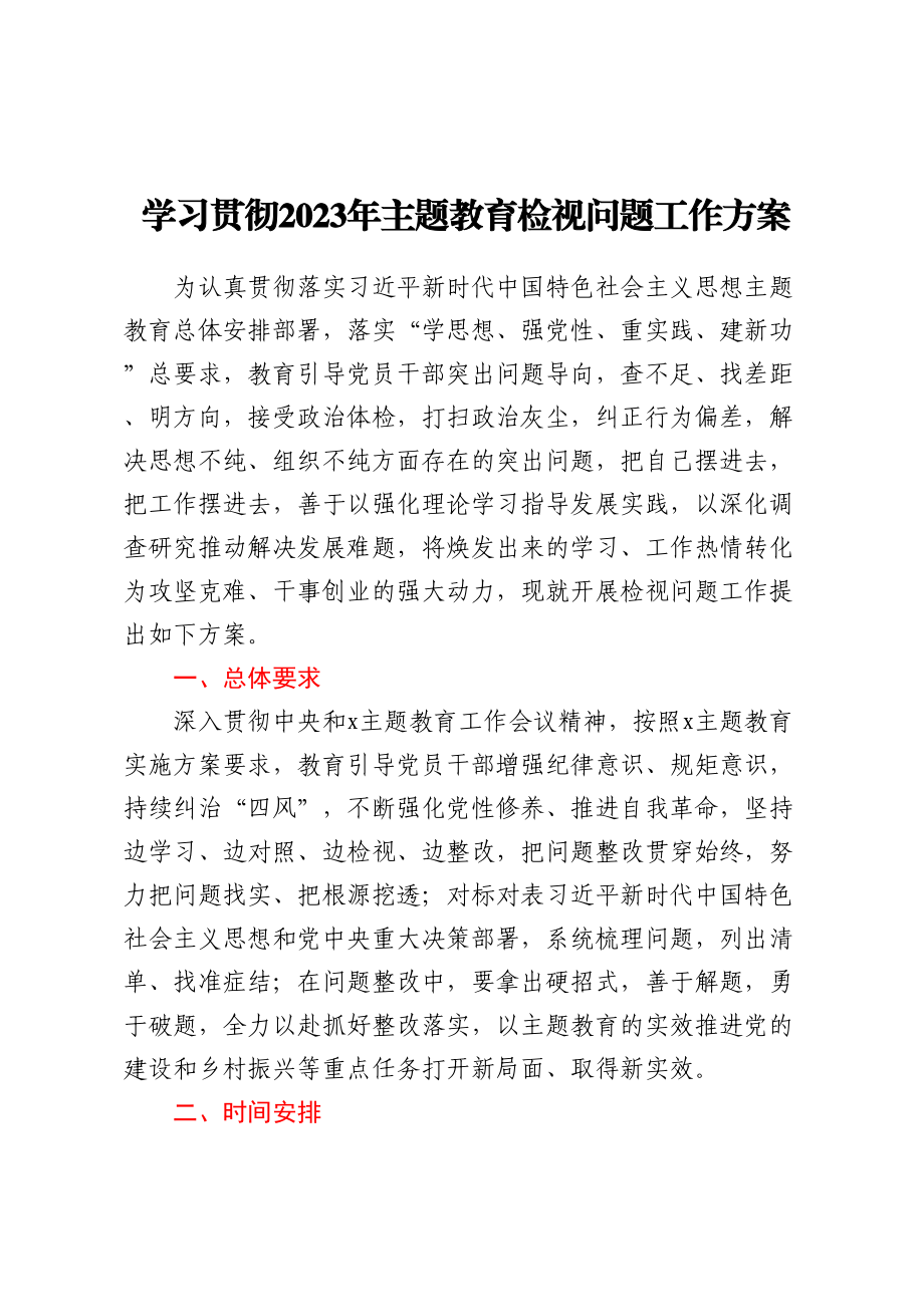 学习贯彻2023年主题教育检视问题工作方案 .docx_第1页