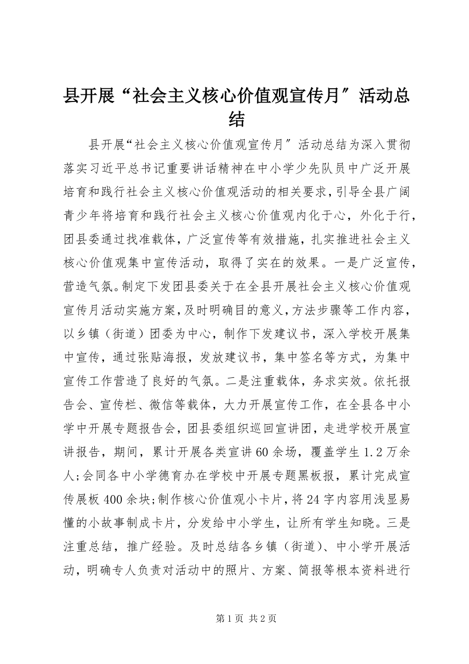 2023年县开展“社会主义核心价值观宣传月”活动总结.docx_第1页