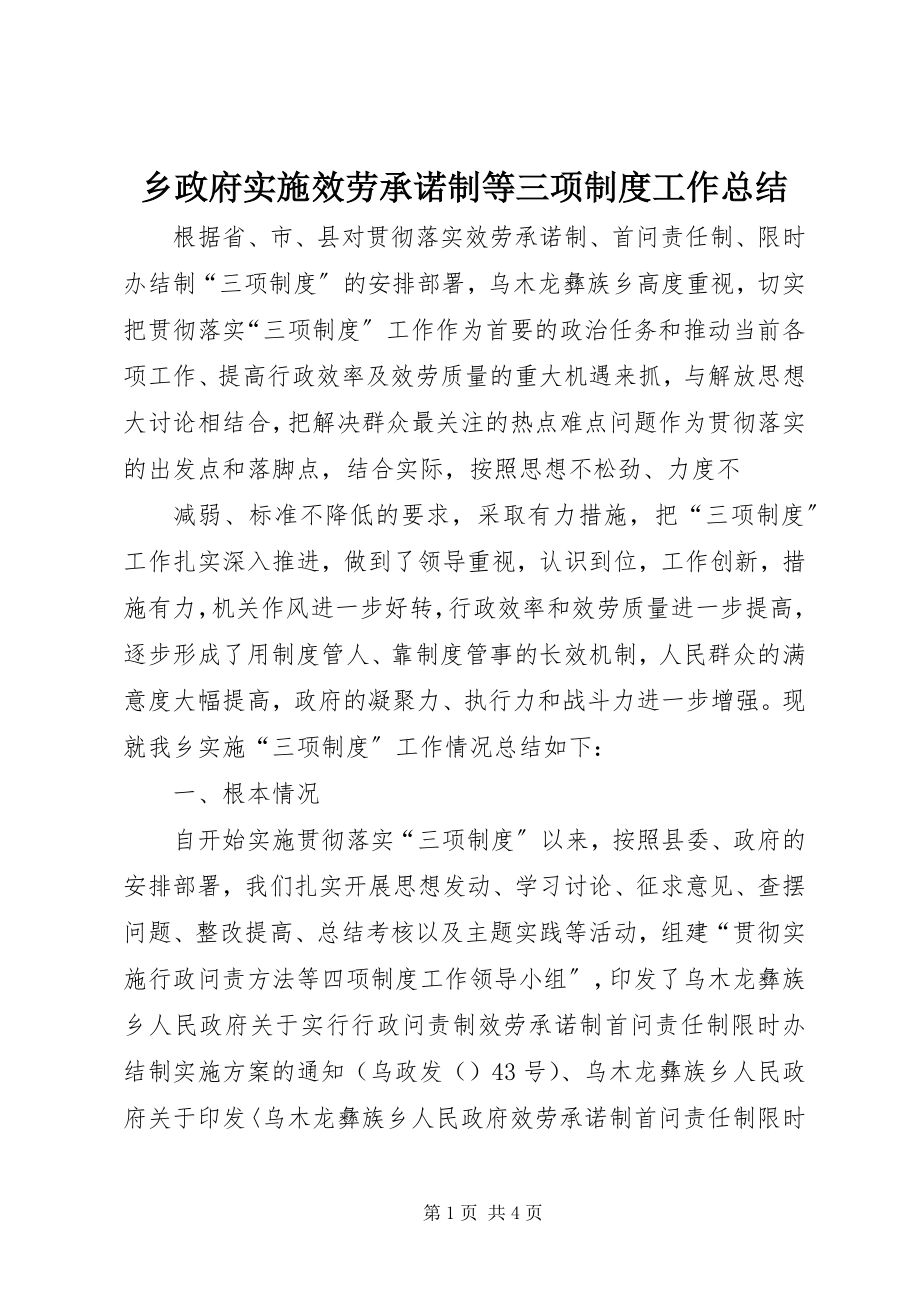 2023年乡政府实施服务承诺制等三项制度工作总结.docx_第1页