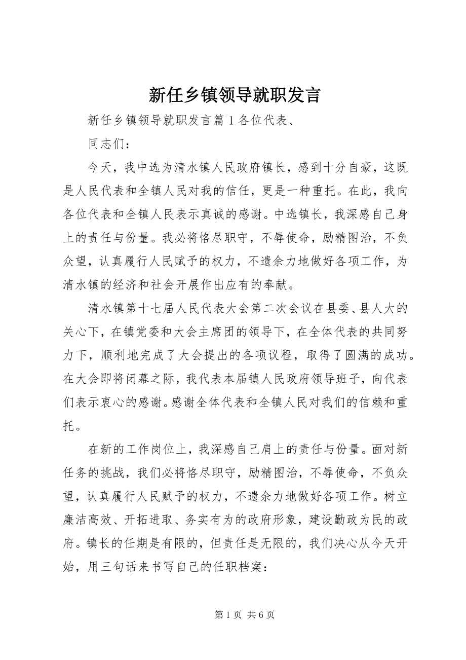 2023年新任乡镇领导就职讲话.docx_第1页