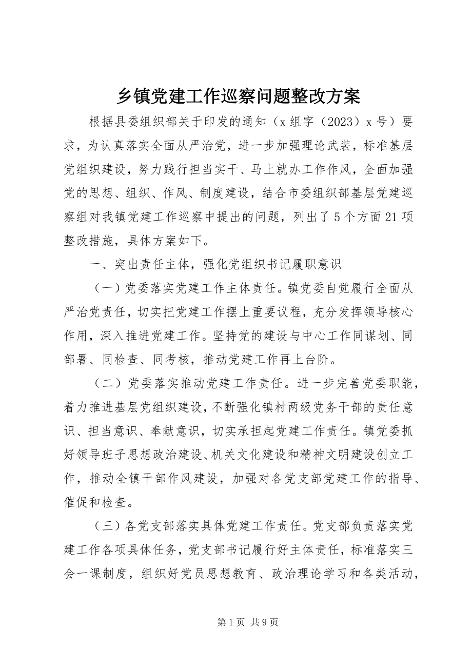 2023年乡镇党建工作巡察问题整改方案.docx_第1页